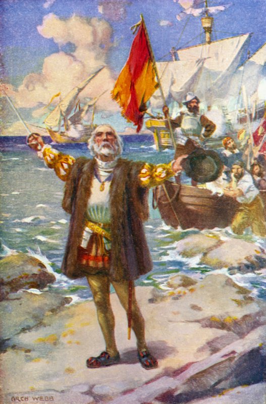 Kolumbuksen laskeutuminen (väri litho) tekijältä Archibald Bertram (after) Webb