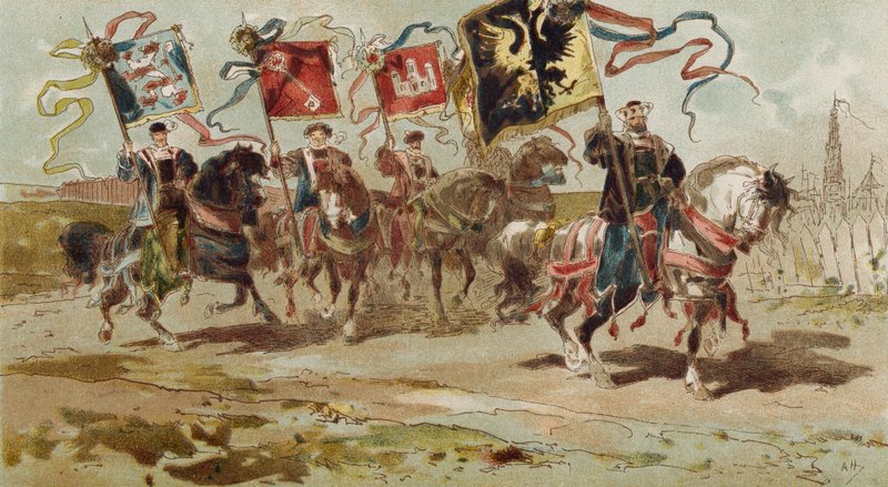 Ratsumiehet kantamassa Hansaliiton ja joidenkin sen jäsenkaupunkien lippuja, Espanjan Alankomaat, 1500-luku tekijältä Armand Jean Heins