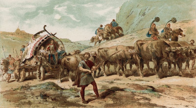 Pohjois-Gallian Nervii-heimon härkävetoinen vaunu ja saattaja tekijältä Armand Jean Heins