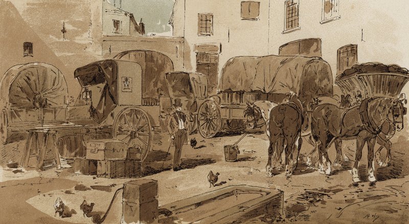 Royal Dutch Mail -bussi, avoauto, viinivaunu ja hiilivaunu, 1800-luku tekijältä Armand Jean Heins