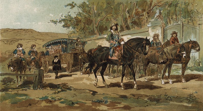 Stagecoach ja saattaja, Espanjan Alankomaat, 1600-luvun alku tekijältä Armand Jean Heins
