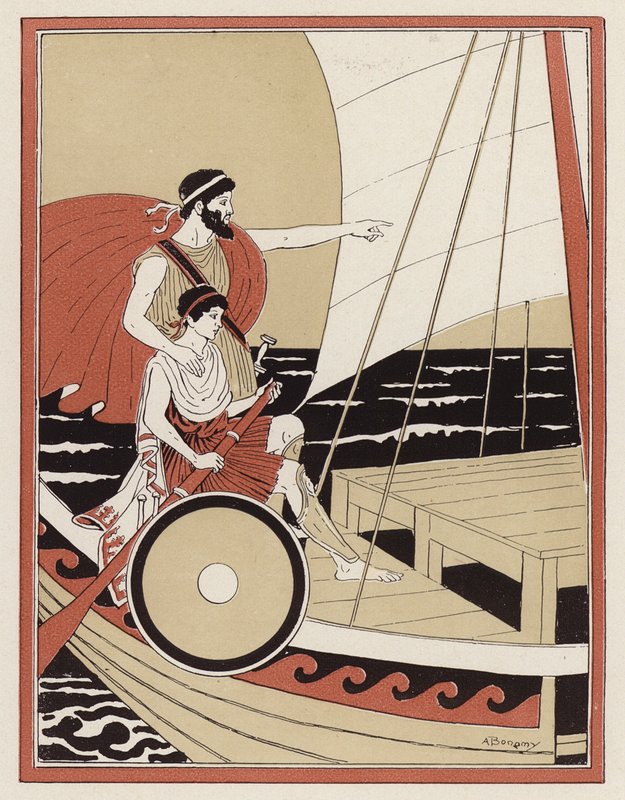 Athena ohjaa Telemakhosta hänen etsiessään Odysseusta (värilitho) tekijältä Armand Joseph Bonamy