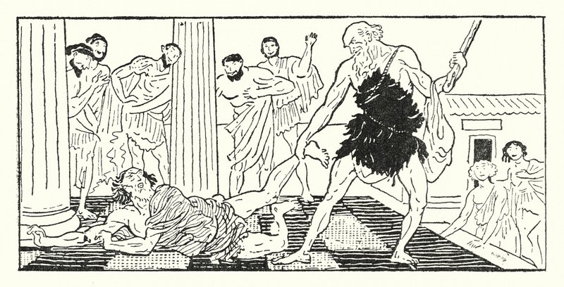 Odysseus vetää Irusta ulos salista (litho) tekijältä Armand Joseph Bonamy