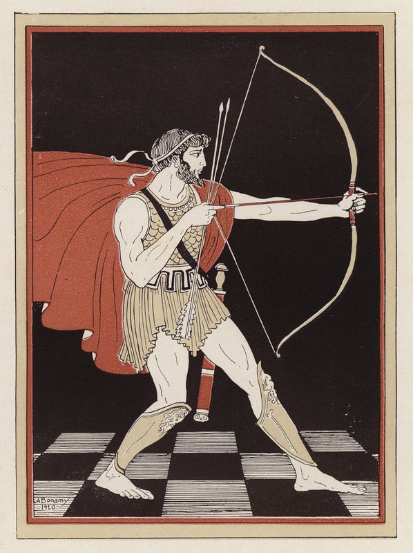 Odysseus piirtää jousensa (väri litho) tekijältä Armand Joseph Bonamy