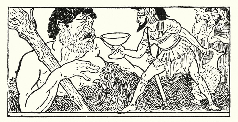 Odysseus tarjoaa kupin viiniä jättiläismäiselle Polyphemukselle (litho) tekijältä Armand Joseph Bonamy
