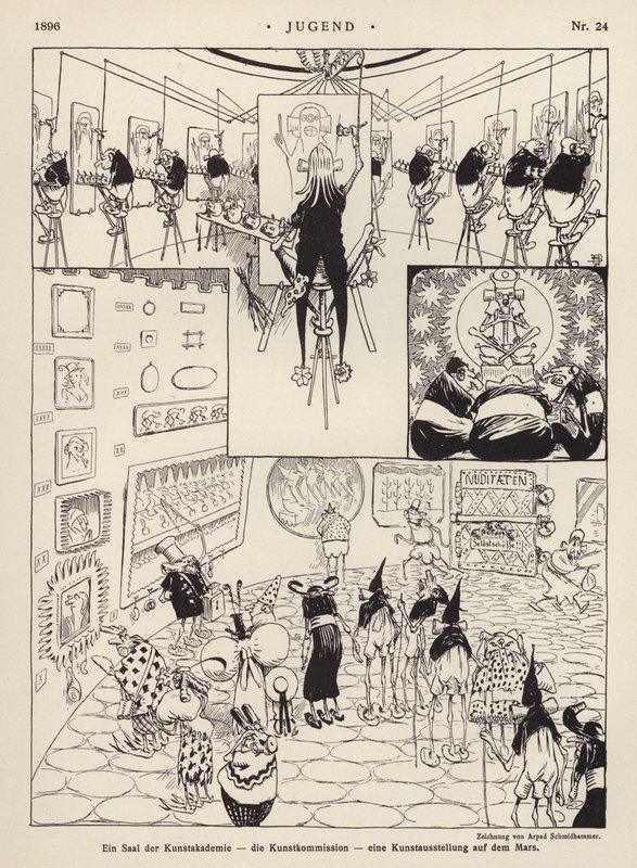 Taideakatemian huone; taidetoimikunta; taidenäyttely Marsissa (litho) tekijältä Arpad Schmidhammer