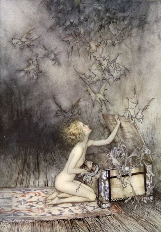Pandoran lippaan avaus, kohtaus Ihmekirjasta, kirjoittanut Nathaniel Hawthorne (värilitho) tekijältä Arthur (after) Rackham