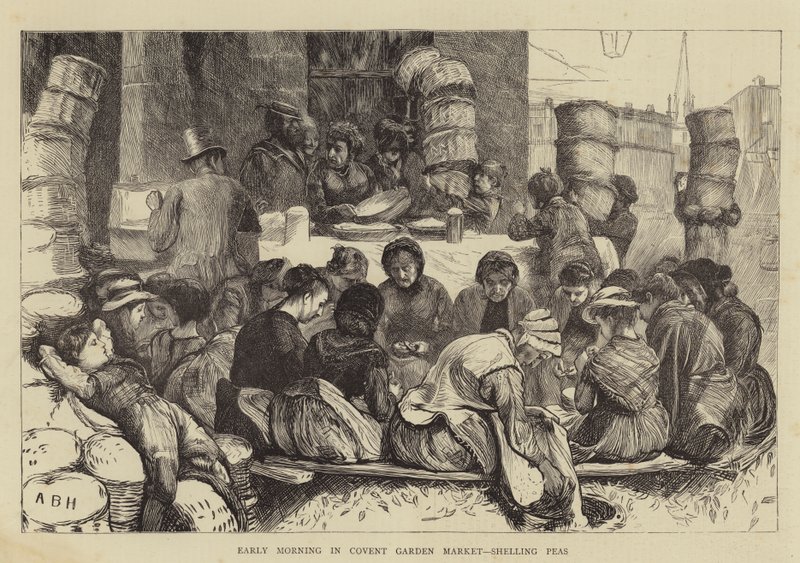 Varhain aamulla Covent Garden Marketissa, kuorimassa herneitä tekijältä Arthur Boyd Houghton