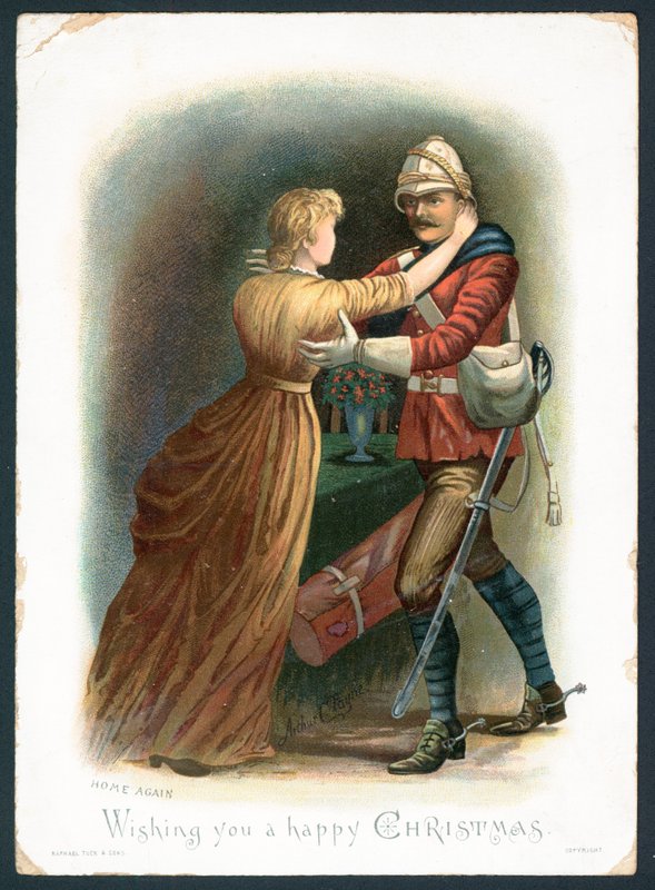 Taas kotiin - joulutervehdyskortti (chromolitho) tekijältä Arthur Charles Payne
