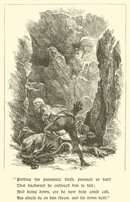 Sir Calidore, kohteliaisuuden ritari, peto tuhannella kielellä (kaiverrus) tekijältä Arthur George Walker