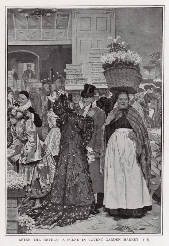 Juhlien jälkeen - kohtaus Covent Garden Marketissa tekijältä Arthur Herbert Buckland