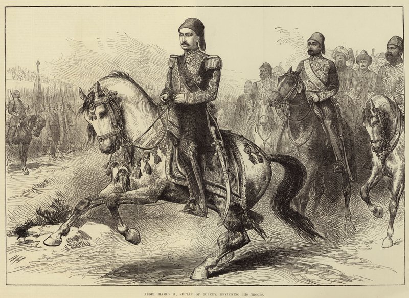 Turkin sulttaani Abdul Hamid II tarkastelee joukkojaan. tekijältä Arthur Hopkins