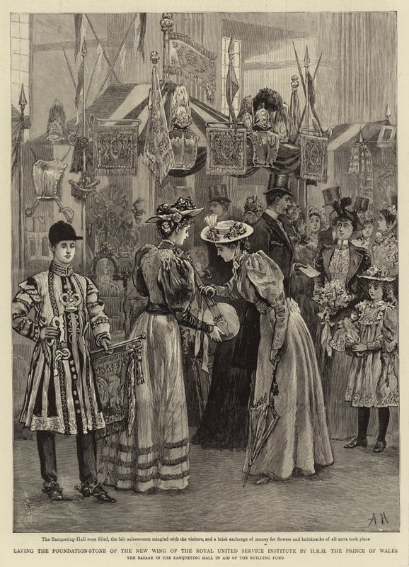 Walesin prinssi H R H:n asettama perustakiven Royal United Service Instituten uudelle siivelle tekijältä Arthur Hopkins