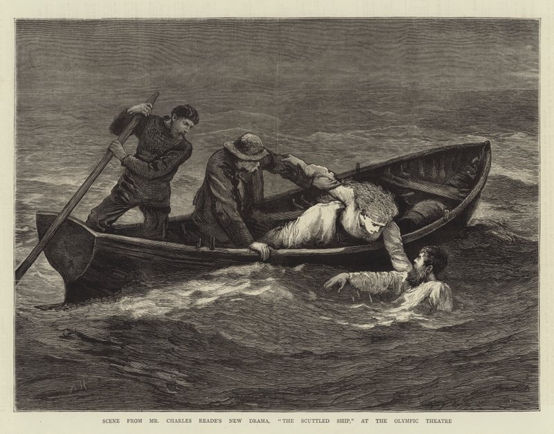 Kohtaus Charles Readen uudesta draamasta The Scuttled Ship olympiateatterissa tekijältä Arthur Hopkins