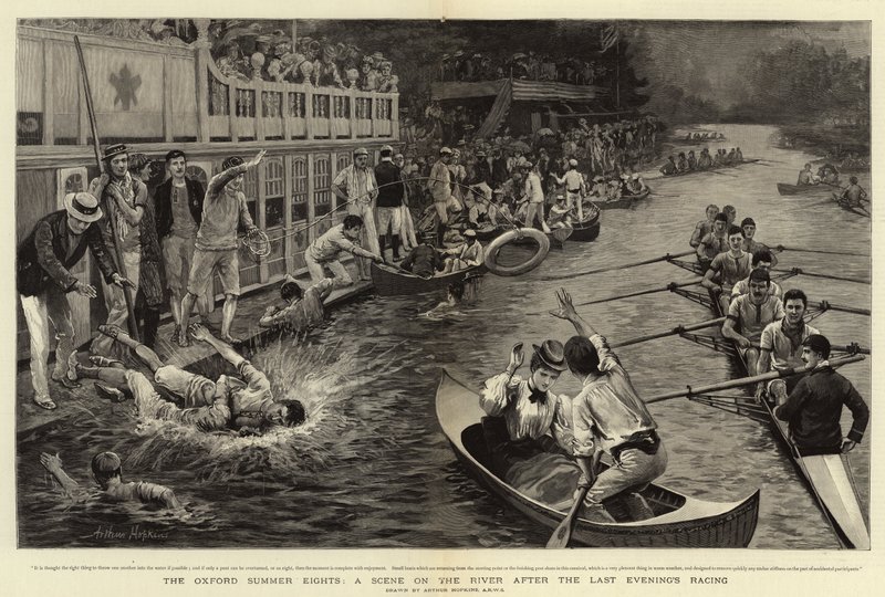 Oxford Summer Eights, kohtaus joella viimeisen illan kilpailun jälkeen tekijältä Arthur Hopkins