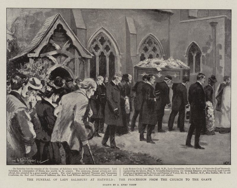 Lady Salisburyn hautajaiset Hatfieldissä, kulkue kirkosta haudalle (litho) tekijältä Arthur Kemp Tebby