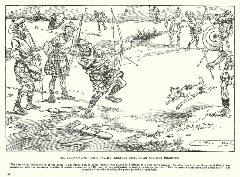 Golfin alku, golfarit häiritsevät jousiammuntaharjoitusta (litografia) tekijältä Arthur Moreland