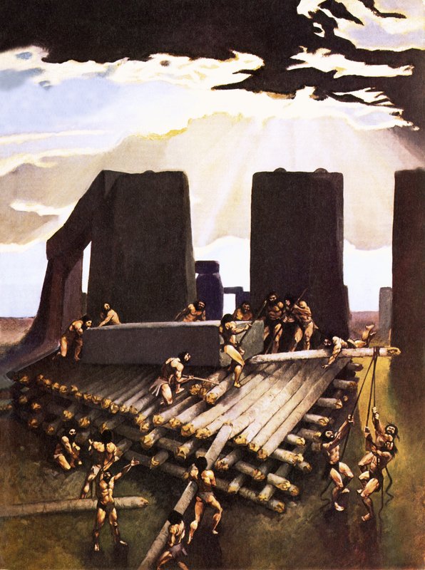 Stonehengen rakentaminen, kuviteltu vuonna 1978 tekijältä Arthur Ranson