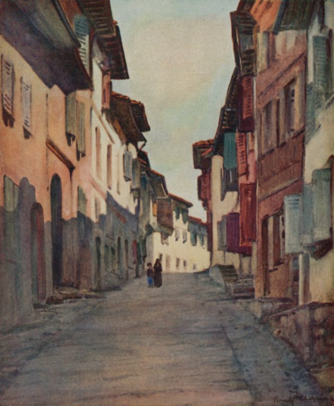Baskimaa: Jean-Pied-de-Portin vanhassakaupungissa (värilitografia). tekijältä Arthur Romilly Fedden