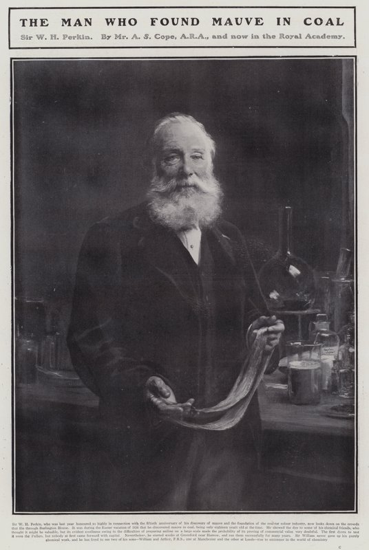 William Henry Perkin, englantilainen kemisti, joka löysi ensimmäisen synteettisen orgaanisen väriaineen, mauveinen (litho) tekijältä Arthur Stockdale Cope