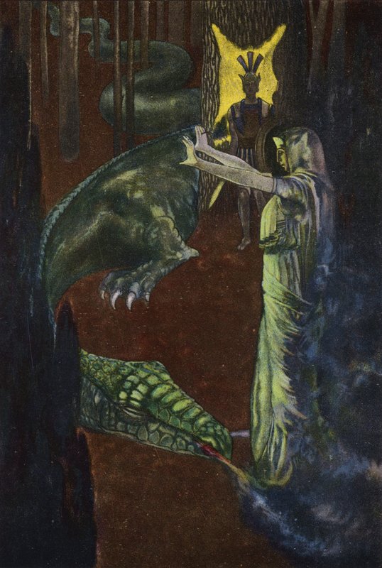 Jason katselee Medeaa nukahtavan kultavillasta vartioivan lohikäärmeen (väri litho) tekijältä Artus Scheiner
