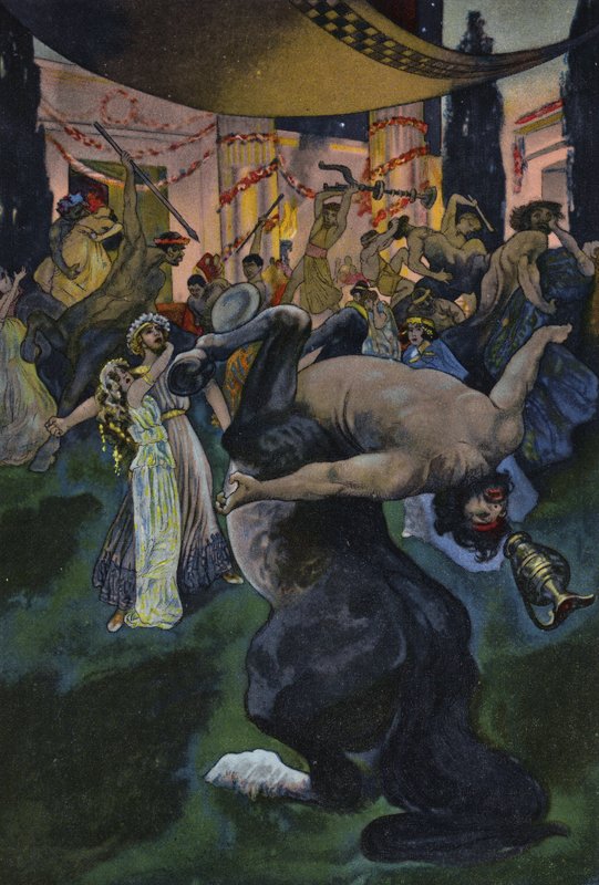 Satyyrit häiritsevät Orpheuksen ja Eurydiken hääjuhlaa, kohtaus elokuvasta Orpheus in the Underworld (värilitho) tekijältä Artus Scheiner