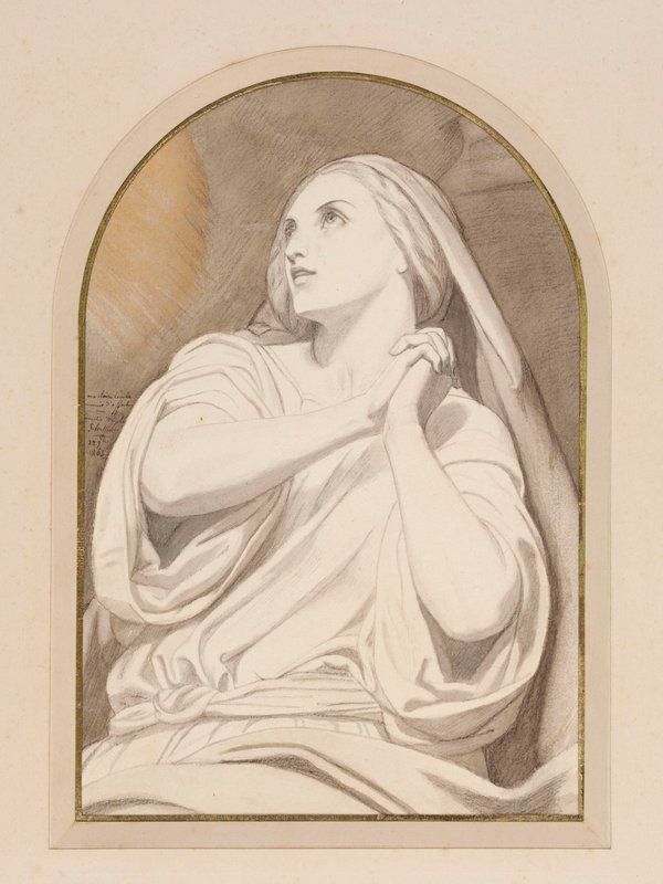 Maria Magdaleena ekstaasissa, noin 1858 (lyijykynä, väriliitu, vesiväri, tussi ja tussi paperille). tekijältä Ary Scheffer