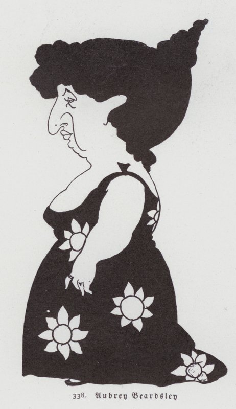 Karikatyyri naisesta auringonkukkamekossa tekijältä Aubrey Beardsley