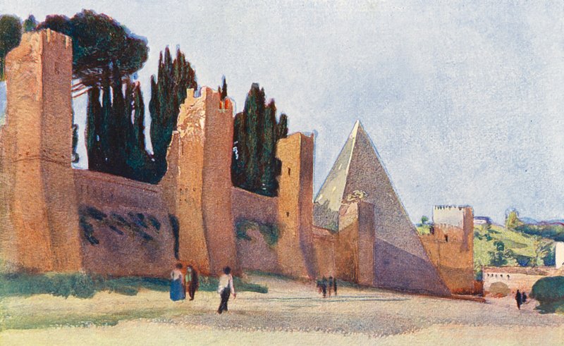 Rooma: Caius Cestiuksen pyramidin kanssa (värilitografia). tekijältä Aubrey Waterfield