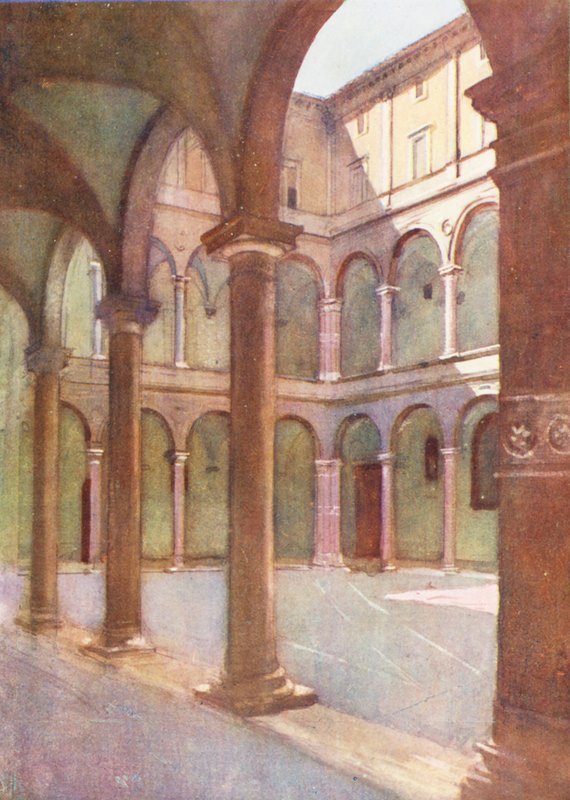 Rooma: Cortile of the Cancelleria (värilitografia). tekijältä Aubrey Waterfield
