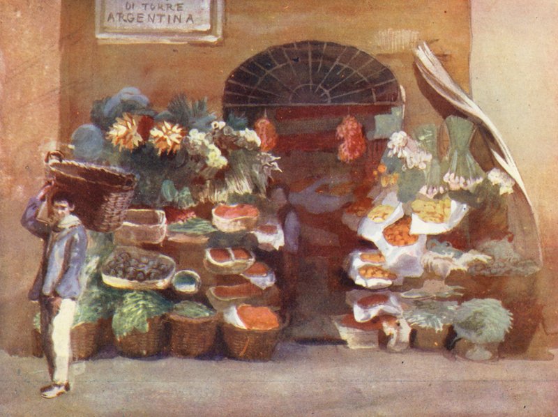 Rooma: Fruiterer (värilitografia). tekijältä Aubrey Waterfield