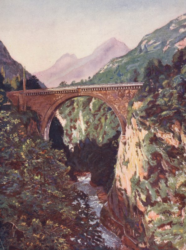 Ranska: Pont Saint-Sauveur ja Gave De Pau (värilitro). tekijältä Auguste Gerardin