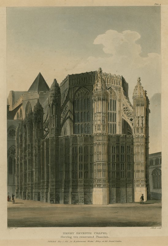 Henry Seventh Chapel, Westminster Abbey, Lontoo, esittelee kaksi remontoitua prinaclea tekijältä Augustus Charles Pugin