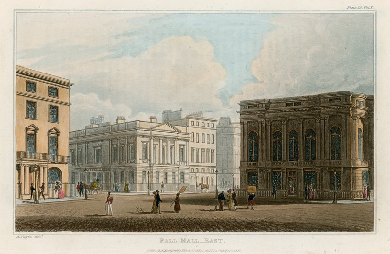 Pall Mall East, Lontoo tekijältä Augustus Charles Pugin