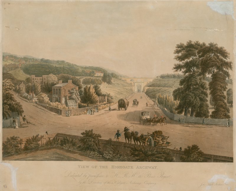 Näkymä Highgate Archwaylle tekijältä Augustus Charles Pugin