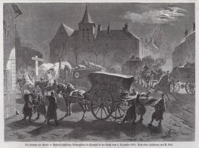 Pariisin ulkopuolella käydyissä taisteluissa haavoittuneiden saksien sotilaiden saapuminen, Ranskan ja Preussin sota, 2. joulukuuta 1870 (kaiverrus) tekijältä Augustus J. Beck