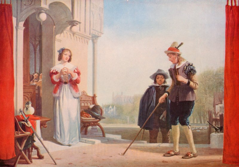 Shakespeare: Slender ja Anne Page, Windsorin vaimot, näytös I, kohtaus 1 (värilitho) tekijältä Augustus Wall (after) Callcott