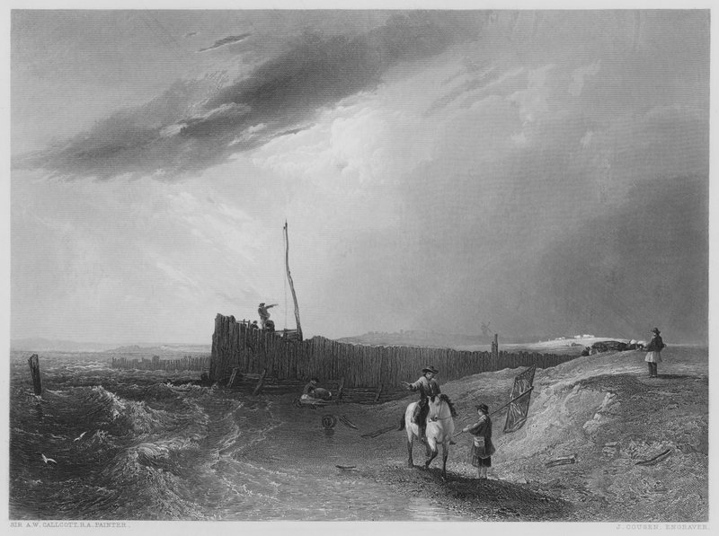 Littlehamptonin vanha laituri Vernon Galleryn kuvasta (kaiverrus) tekijältä Augustus Wall (after) Callcott