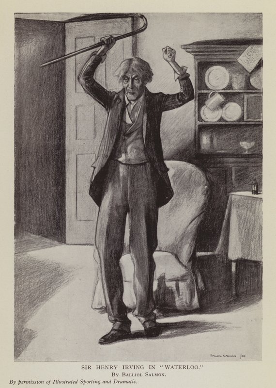 Englantilainen näyttelijä Henry Irving Arthur Conan Doylen näytelmässä Waterloo (litografia). tekijältä Balliol (after) Salmon