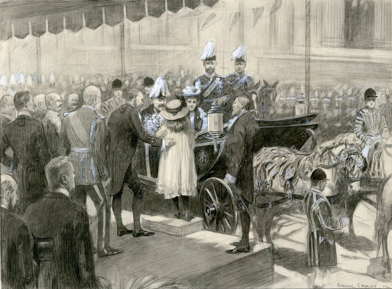 Kuningas Edward VII ja kuningatar Alexandra - Lontoon kreivikunnan neuvoston ständi Trafalgarin aukiolla, 24. lokakuuta 1902 (vesiväri paperille). tekijältä Balliol (after) Salmon