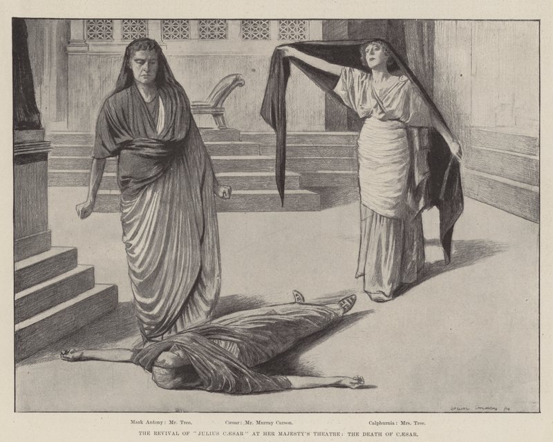 "Julius Caesarin" esitys Hänen Majesteettinsa teatterissa, Caesarin kuolema (kaiverrus) tekijältä Balliol (after) Salmon