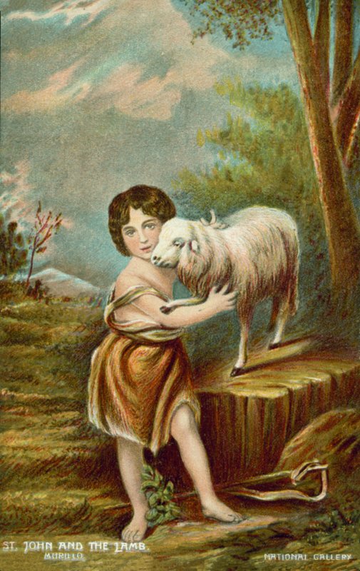 Johannes Kastajan lapsi ja karitsa (värilitografia) tekijältä Bartolome Esteban (after) Murillo