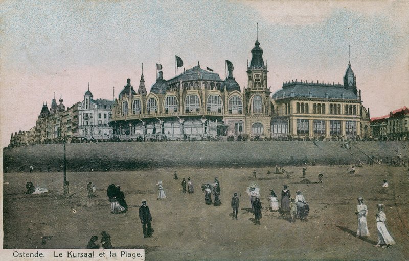 Le Kursaal ja ranta Oostendessa Belgiassa. Postikortti lähetetty 1913. tekijältä Belgian Photographer