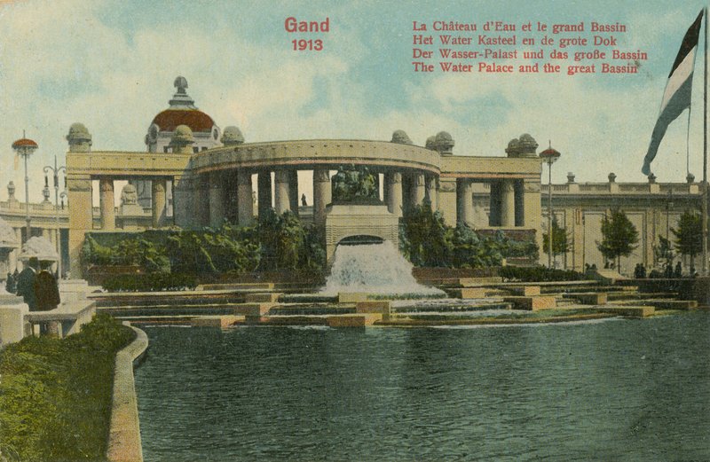 The Water Palace and the Great Basin, Gent, 1913. Postikortti lähetetty vuonna 1913. tekijältä Belgian Photographer