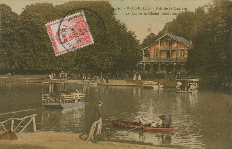 Järvi ja Chalet Robinson, Bois de la Cambre, Bryssel. Vuonna 1913 lähetetty postikortti. tekijältä Belgian Photographer