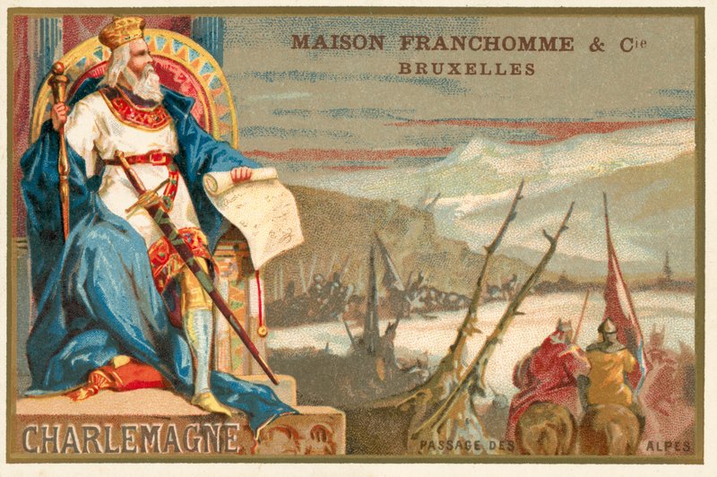 Kaarle Suuri ja Alppien ylitys (chromolitho) tekijältä Belgian School