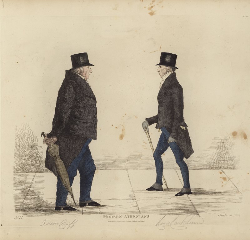 Eminent Edinburghians, alias modernit ateenalaiset, Adam Duff, Esq, Sheriff of Midlothian, Hon Henry (Lord) Cockburn (värinen kaiverrus) tekijältä Benjamin William Crombie