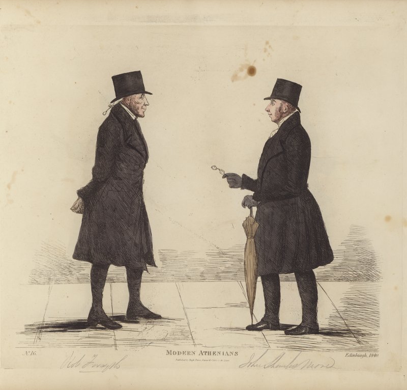 Eminent Edinburghians, eli modernit ateenalaiset, Robert Forsyth, Esq, Advocate, John Shank More, Esq, LLD, Advocate (värikaiverrus) tekijältä Benjamin William Crombie
