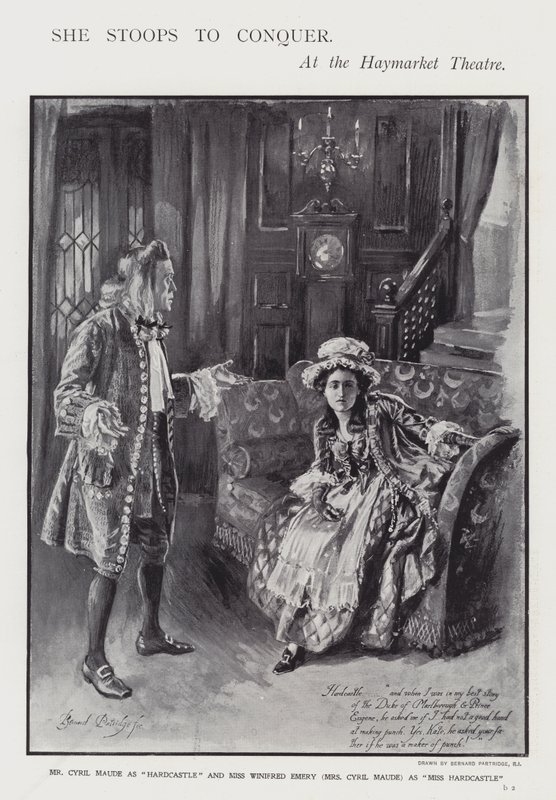 Oliver Goldsmithin komedian She Stoops to Conquer esitys Haymarket Theatressa Lontoossa (litho) tekijältä Bernard (after) Partridge