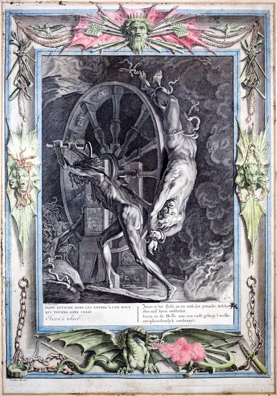Ixion sidottu ikuisesti pyörivään tuliseen pyörään (värillinen kaiverrus) tekijältä Bernard (after) Picart
